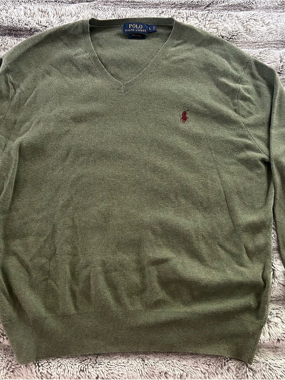 Polo Ralph Lauren V-Neck Sweater in Olive Green with Red Pony